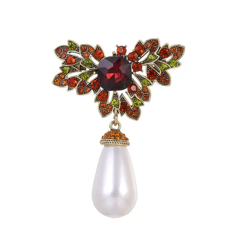 Vintage colored diamond pearl brooch, high-end crystal brooch for women, retro and sophisticated brooch