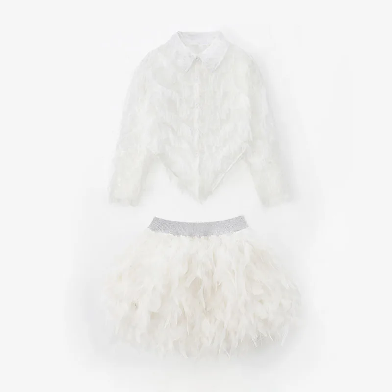 Kid Cute Hip Hop Clothing White Feather Shirt Crop Top Casual Wide Pleated Pants Mini Skirt for Girl Jazz Dance Costume Clothes - view 5