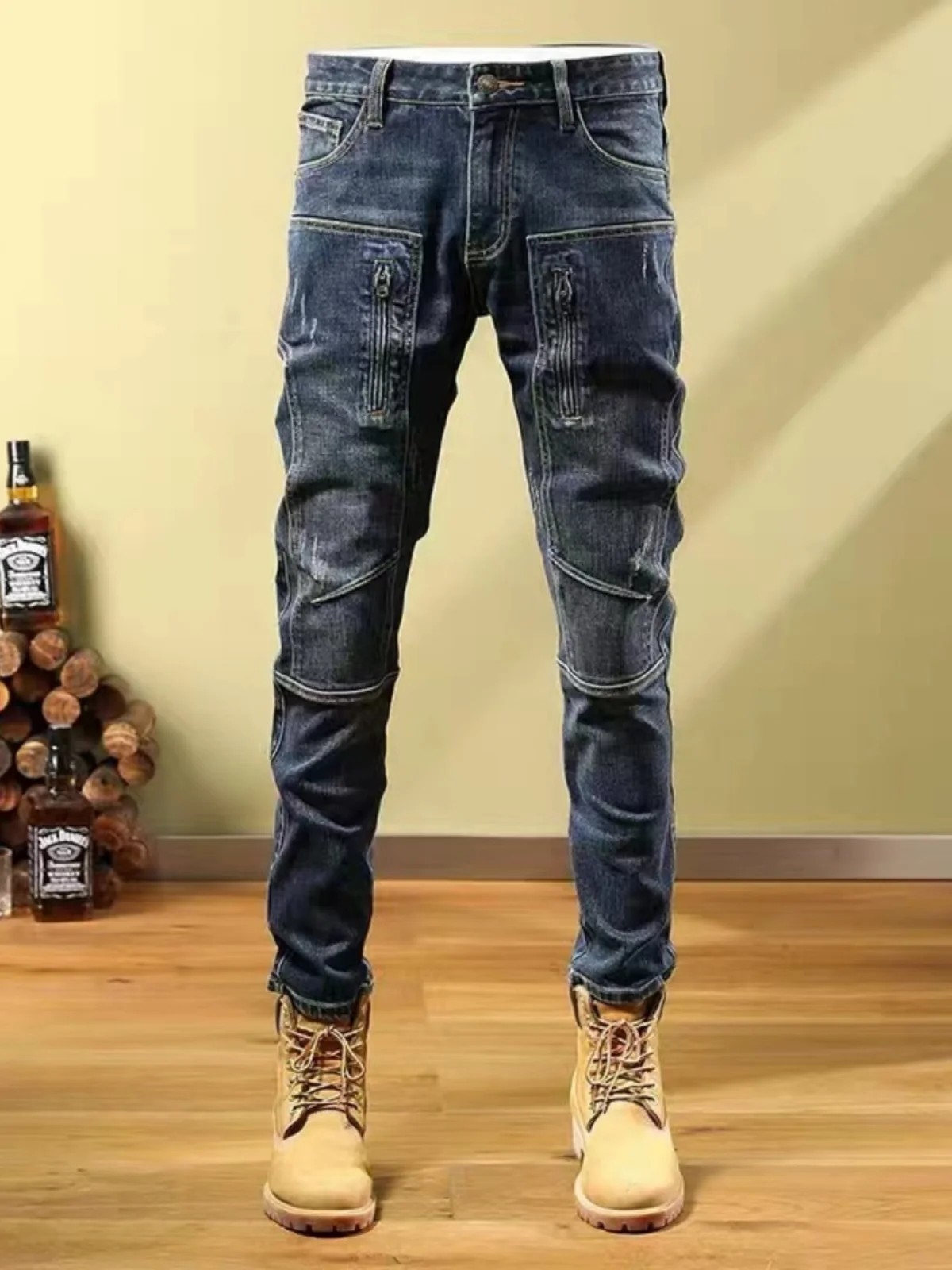 

Мужские джинсы в стиле ретро с американским дизайном, модные, облегающие, эластичные, длинные брюки, повседневные мотоциклетные брюки, молодежные, со средней/низкой талией