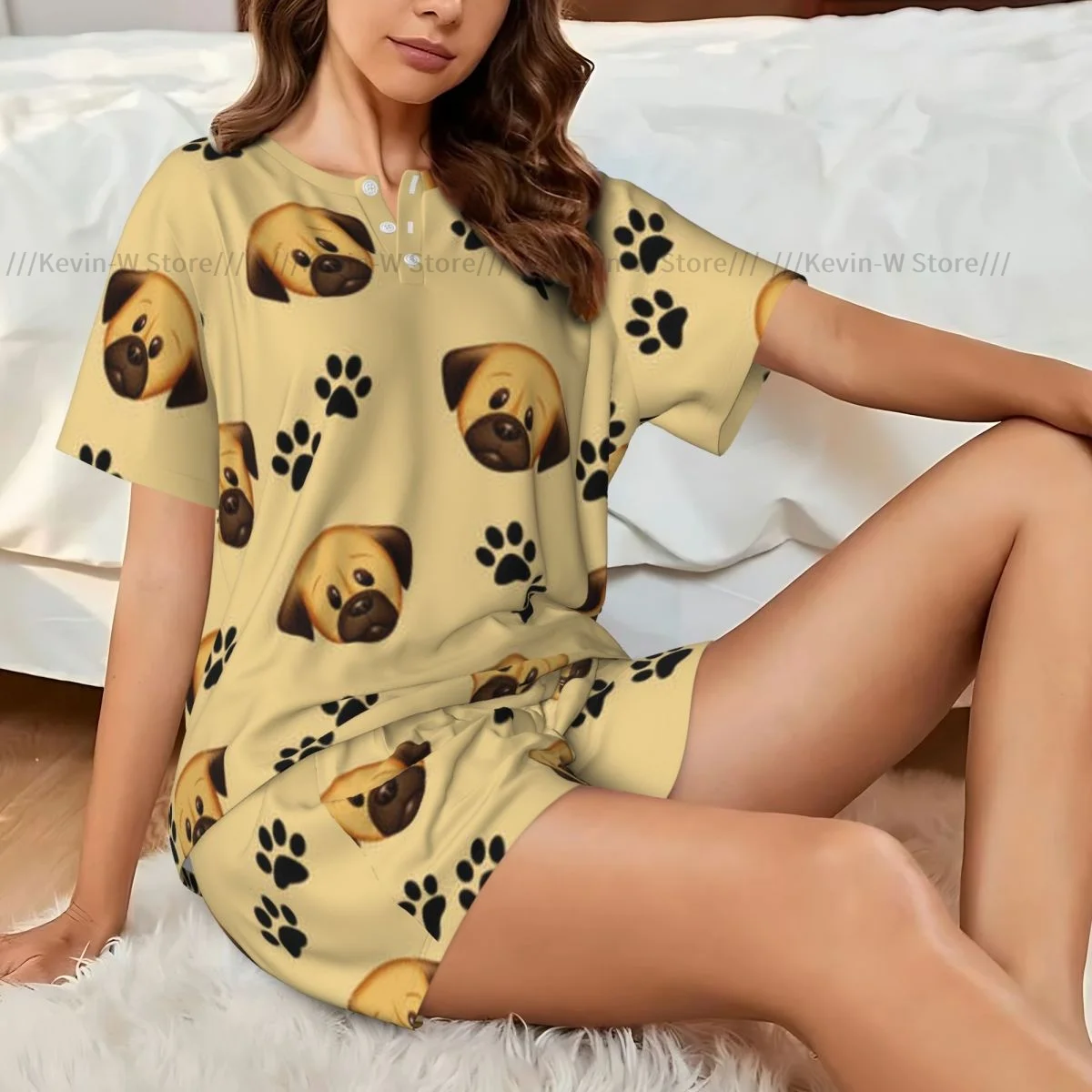 

Women Pajamas Set Short Sleeve Dog Faces And Footprints Sleepwear Loungewear for Summer Nightwear