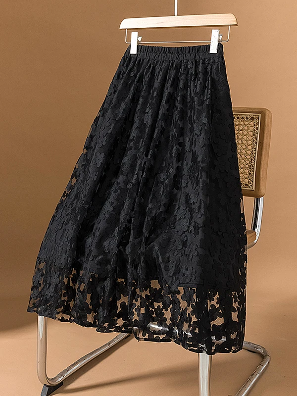 

Slimming A-Line Skirt Embroidered Me Floral Cutout Design Spring Summer New Sle Korean Version Women's Mid-Length Skirt