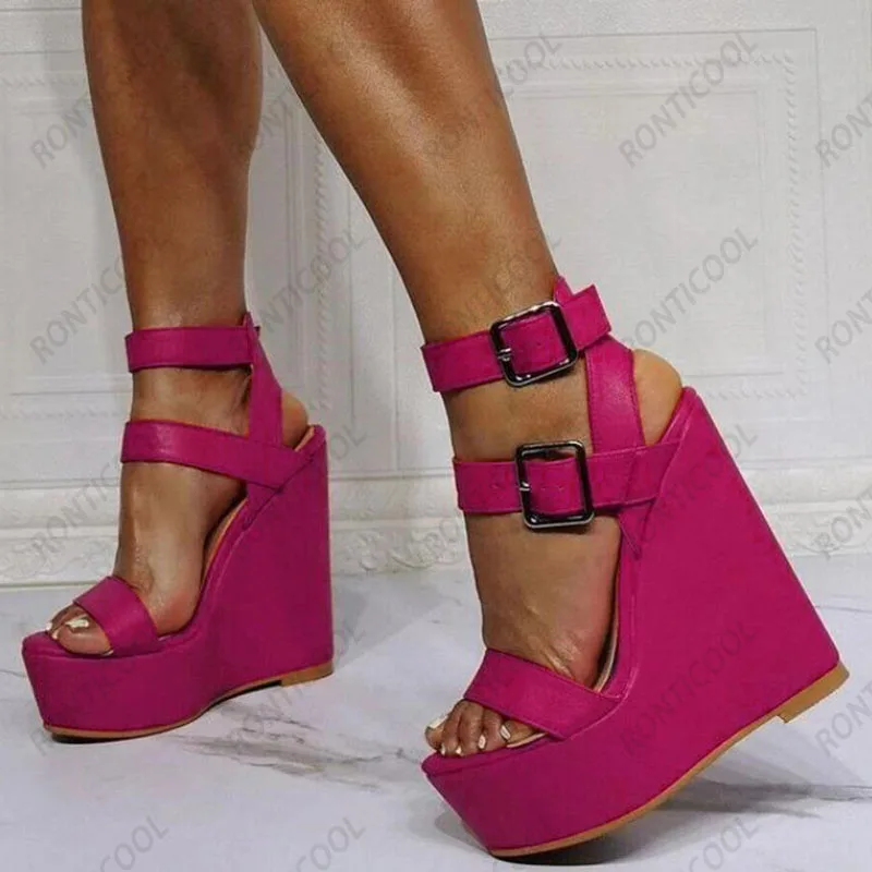 

Ronticool New Arrival Women Summer Sandals Wedges Heel Open Toe Beautiful Wine Red Fuchsia Party Ladies Shoes US Plus Size 5-20