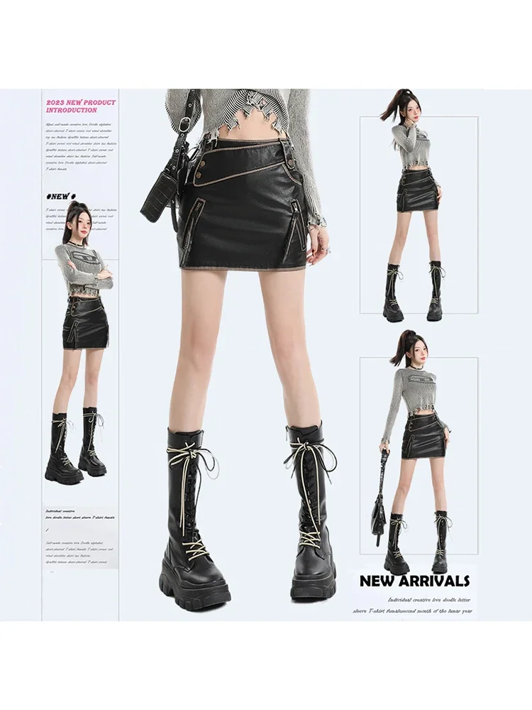 Women Black Gothic A-line Leather Skirt Y2k Skirt Harajuku Mini 2000s Aesthetic Trashy Clothes 2024