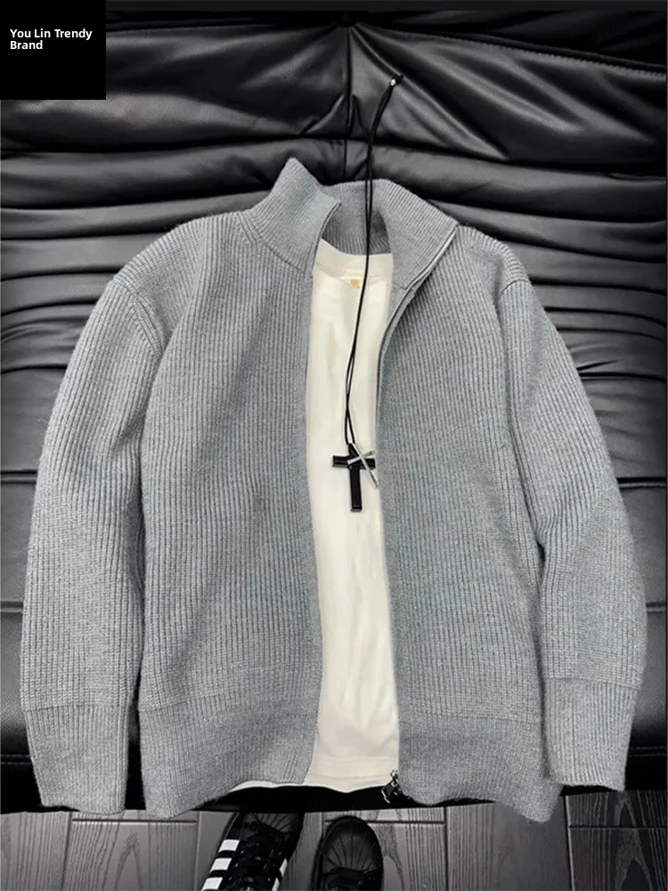 

Мужской вязаный кардиган Cleanfit: осенне-зимний, повседневный, премиум-класса, в американском стиле, на молнии, с воротником-стойкой