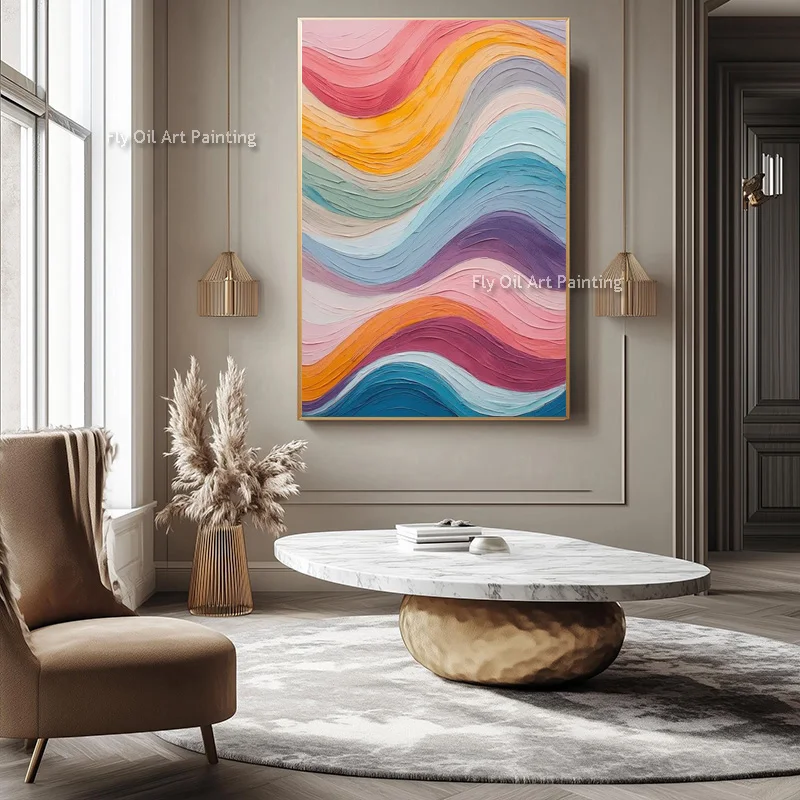 Hand Painted Impasto Wave Oil Painting, Rainbow Swirl Thick Texture Canvas Wall Art, Modern Abstract Living Room Decor
