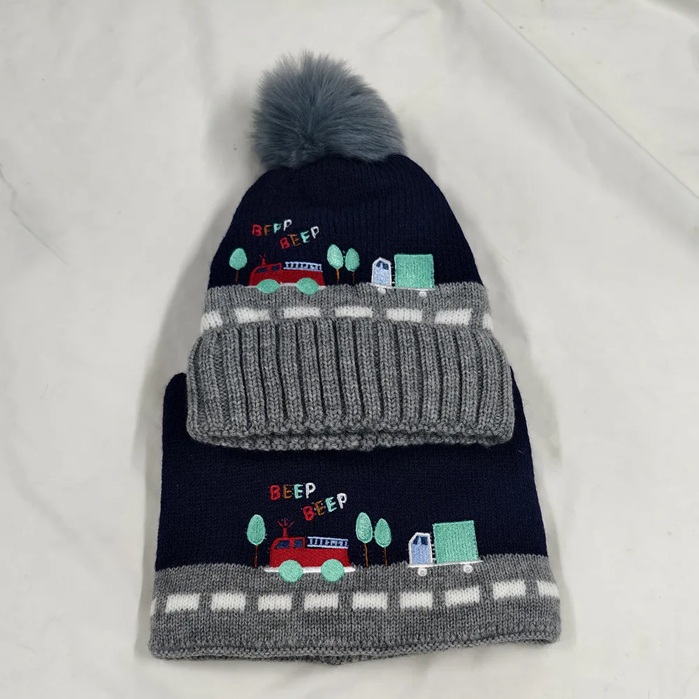 الأطفال قبعة صغيرة مخملية سنود مجموعة المطرزة سيارة زائد المخملية طبقة مزدوجة الدافئة للبنين بيني مع Pompom تزلج قبعات للأطفال