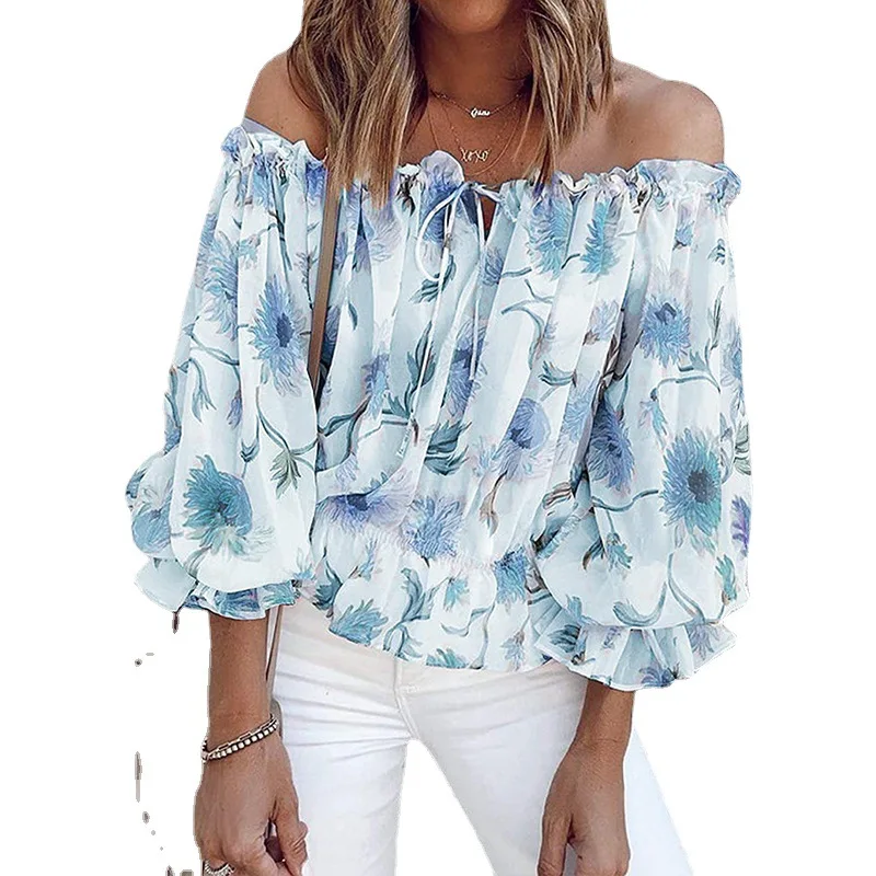 

Women's Shirt Fashion Sexy 2024 Spring Autumn Bubble Sleeves Flat Shouders Blouse Floral Shoulder Casual Woman Personality Top