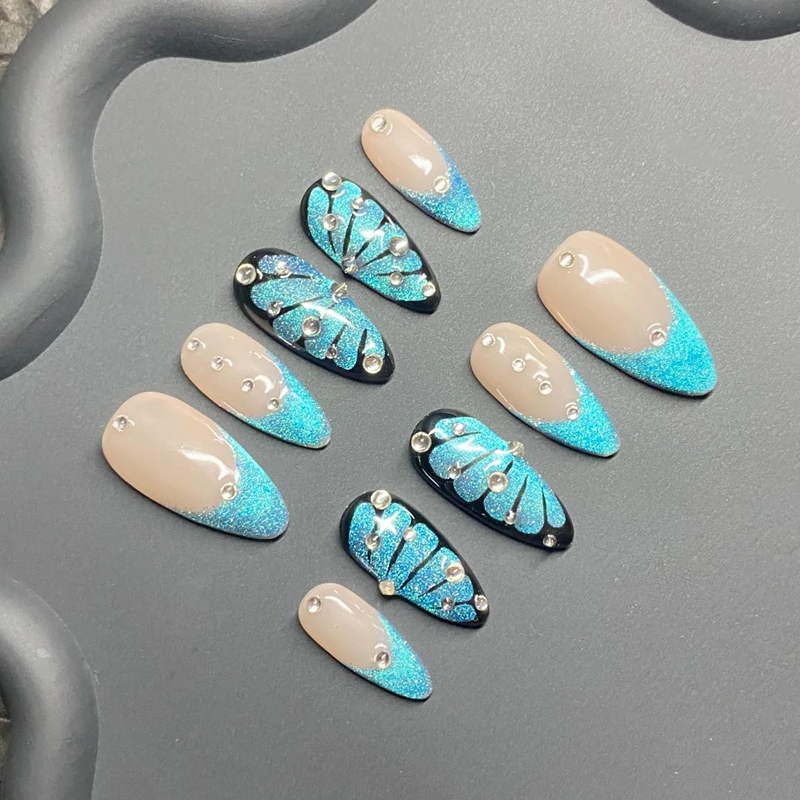 10Pcs Glitter Blue Handmade Press On Nails With Cat Eye Rhinestone Design Full Cover French Almond Fake Nails Manicure Art Tips