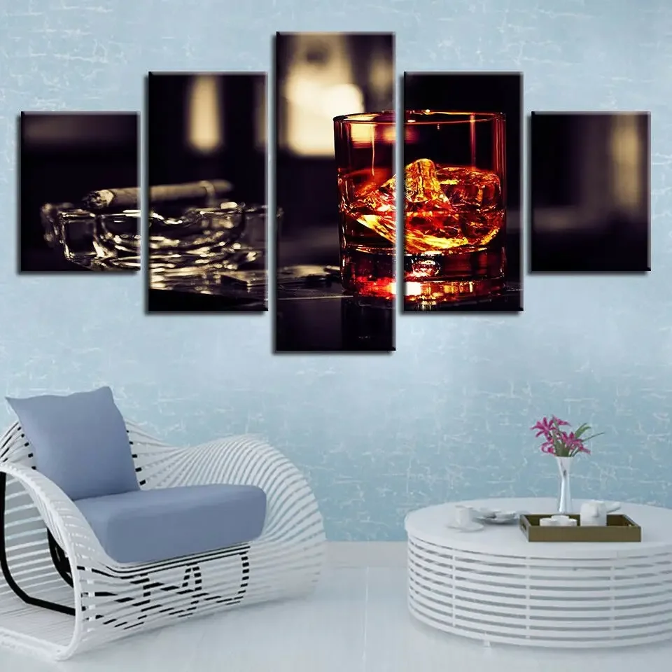 No Framed Canvas 5 Panel Liquor Glass Wine Ashtray Cigar Modern HD Decorative Wall Art Posters Pictures Home Decor Paintings