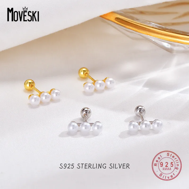 

MOVESKI 925 Sterling Silver White Pearl String Stud Earrings Women Fashion Simple Anniversary Party Jewelry