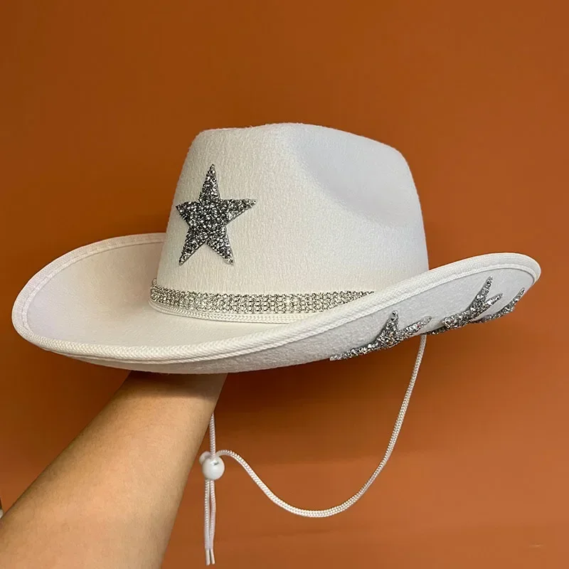 Women Diamond Star Cowboy Hat Pentagram Rhinestone Tassel White Bridal Party Wifey Wedding Hats Fashion Hat Cosplay Dress Up