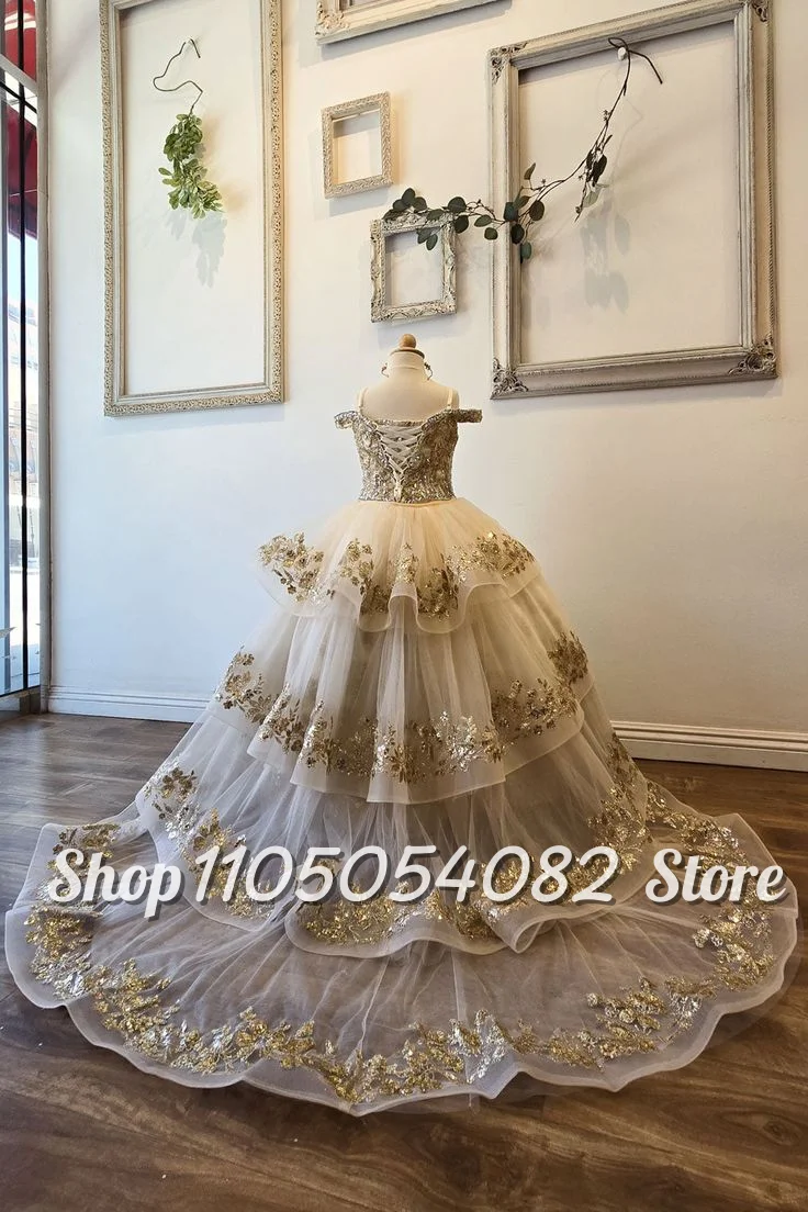 Customized Luxurious Snap Shoulder Flower Girl Dress Beaded Diamante Encrusted Lace Ruffled Trailing Flower Girl Dresses