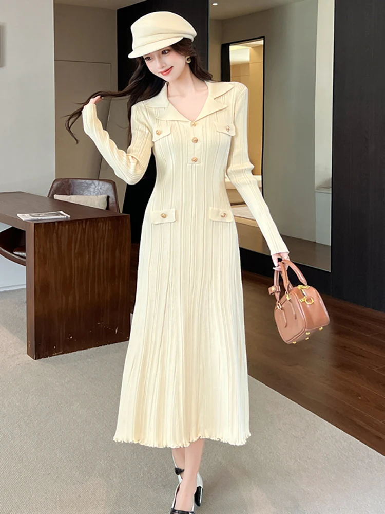 

Элегантное женское вязаное длинное платье, женское облегающее платье с отложным воротником и металлическими пуговицами, новая осенняя офисная женская одежда