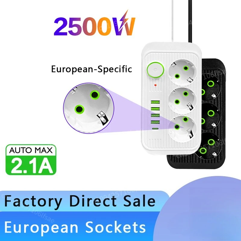 

EU Plug Electrical Socket 2M Extension Cord with 4 USB 1 Type-C Port Network Filter Charging Power Strip Multiprise 3AC Outlets