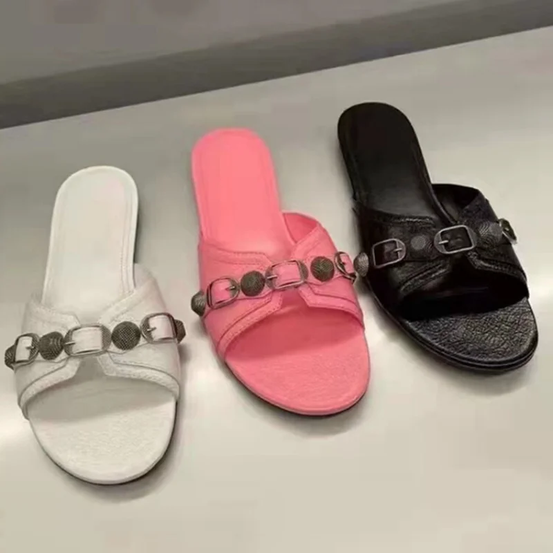 Summer Metal Buckle Strap Women's Sandals Round Toe Thin High Heels Breathable Female Pumps Peep Toe Slip-on Sexy Madam Slippers view 2