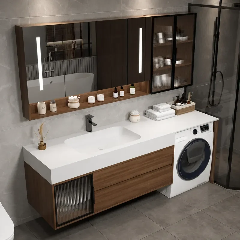 Rock Slab Seamless Integrated Basin Balcony Washing Machine Cabinet Combined Bathroom Vanity Unit Corner Cut Face Wash Hand