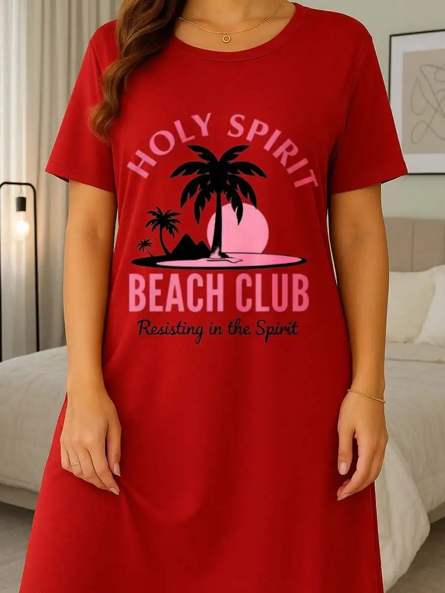 

Womens Red Graphic T-Shirt Dress Holy Spirit Beach Club Print Summer Casual Nightgown