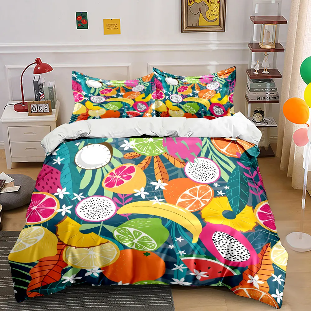 Buntes tropisches Fruchtmuster. Bedrucktes Bettwäsche-Set, 1 Bettbezug, 2 Kissenbezüge für Erwachsene und Kinder, Luxus-Geschenk, volle Größe