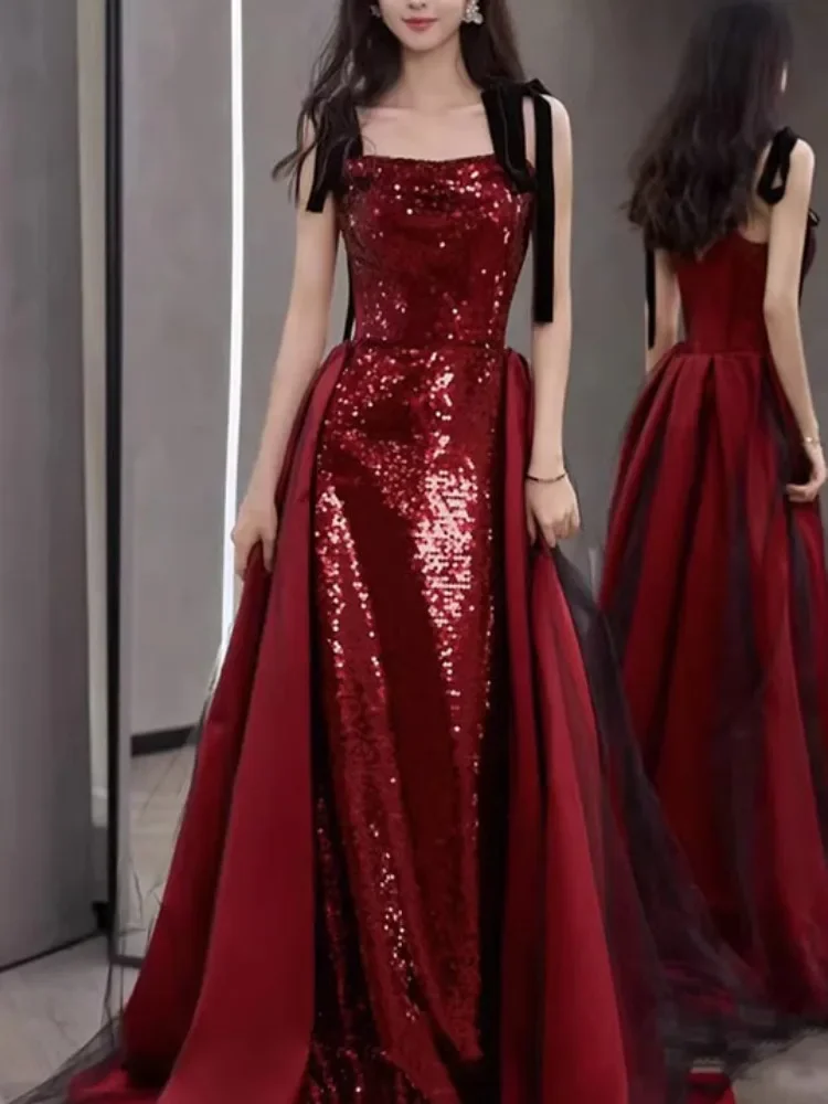 Customized Wine Red Temperament Sling Wedding Party Dresses Slim Waist Sequin Patchwork Prom Vestidos Elegant Lace-up Long Eveni