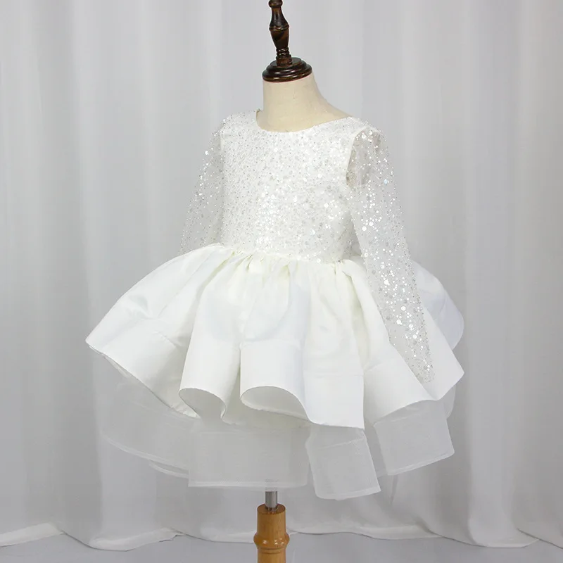 Formal Long Sleeve Sequins Lace Wedding Princess Dress Birthday Evening Bow Kids Dress for Girl Bridesmaid Children Fluffy Gown