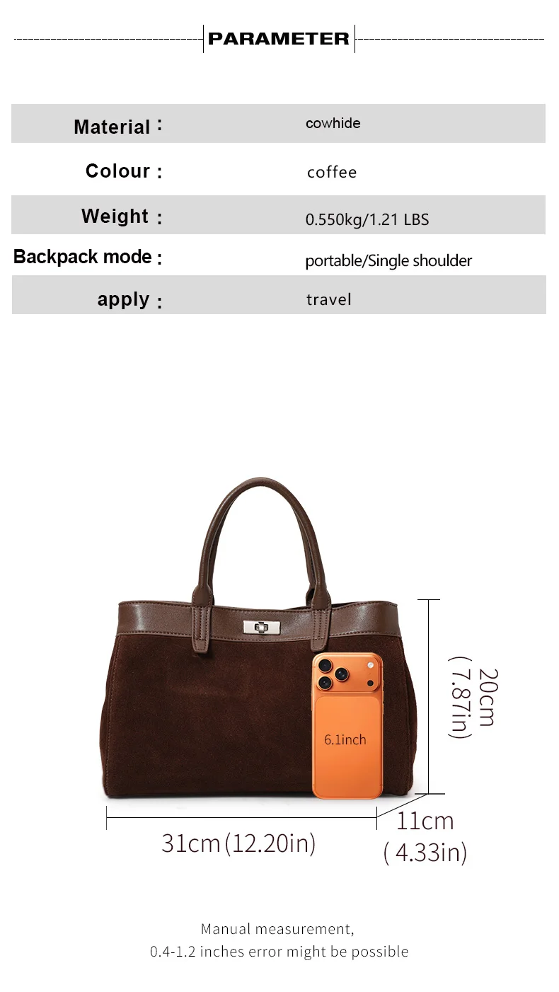 Damen Wildleder- & Leder-Tragetasche, Henkeltasche mit Silber-Verschluss, Damen-Umhängetasche Ideal für Arbeit & Alltag – Detail 4