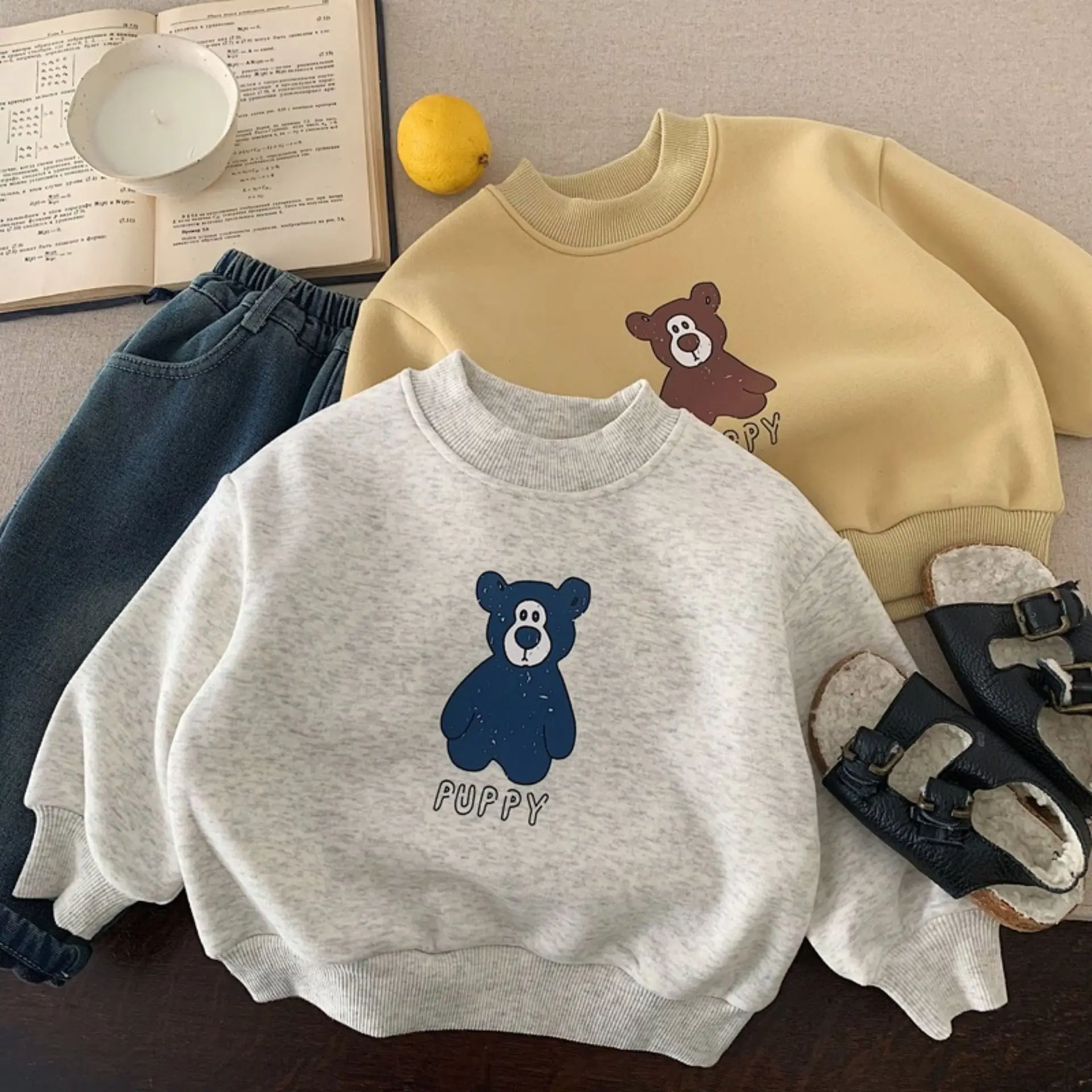 

2025 зимний детский повседневный пуловер для малышей, бархатные толстые топы, детская одежда, новый свитшот с милым мультяшным принтом медведя для мальчиков и девочек