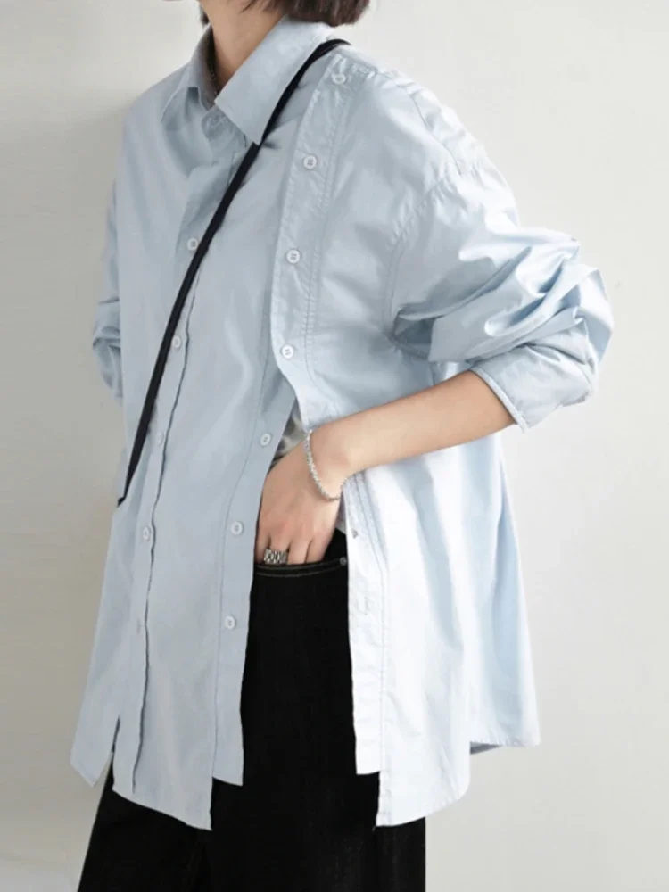 

Simple Shirts for Women Solid Color Turn Down Collar Forked Long Sleeve Design Blouses All Match Clothing XT600