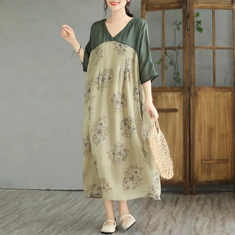 

Women Casual Dress New Arrival 2024 Summer Vintage Style V-neck Floral Print Loose Female Cotton Linen Long Dresses B3730