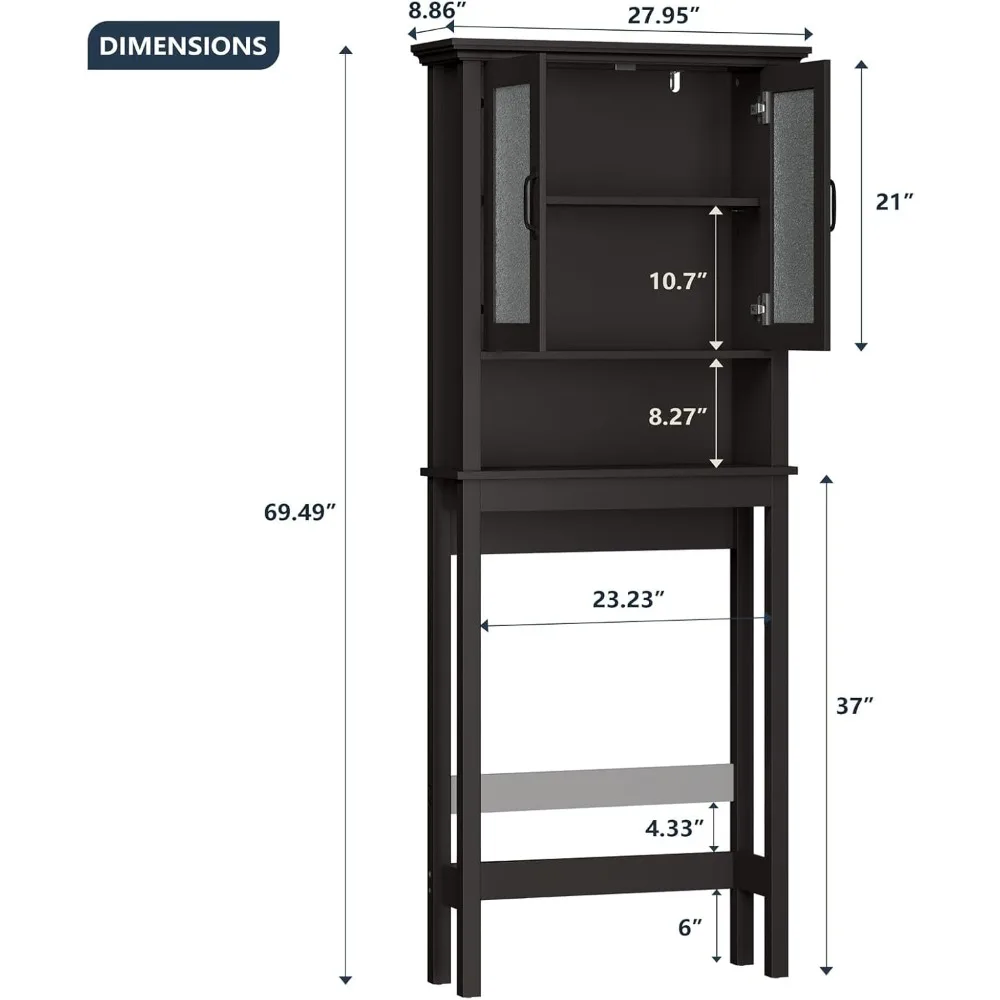 Over The Toilet Storage Cabinet, Over Toilet Bathroom Organizer with Glass Doors and Adjustable Shelf