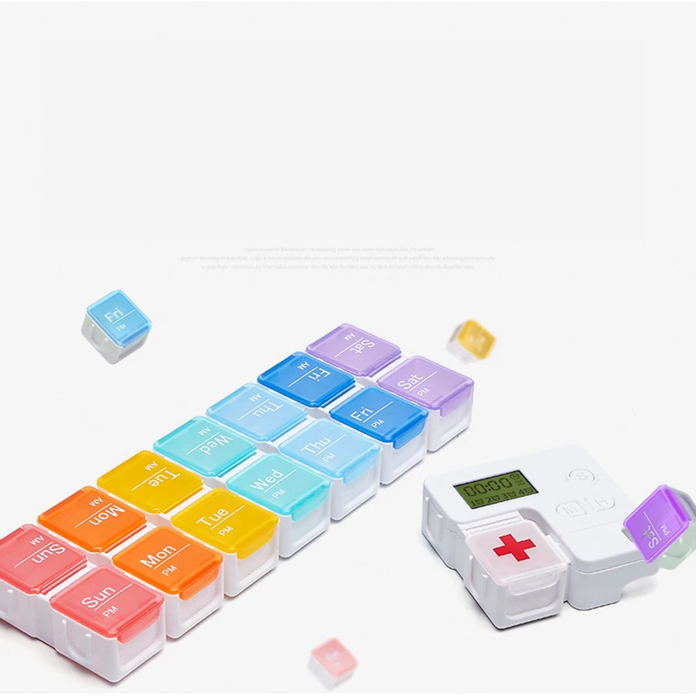 Pilulier hebdomadaire 14 compartiments, boîte à pilules avec minuterie, rappel, alarme, étui à pilules quotidien pour pilules/vitamine/huile de poisson/suppléments