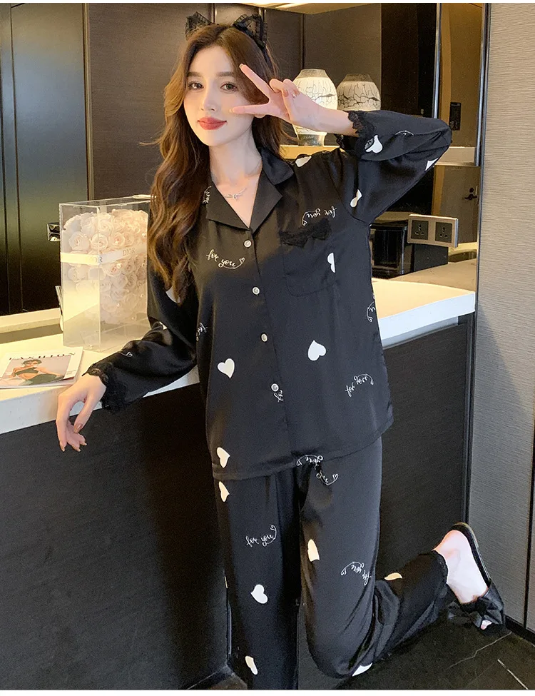 New Pajamas Spring Autumn Faux Silk Pajama Sets Long Sleeve Cardigan Sleepwear Korean Lapel Women Pijamas Heart Print Loungewear