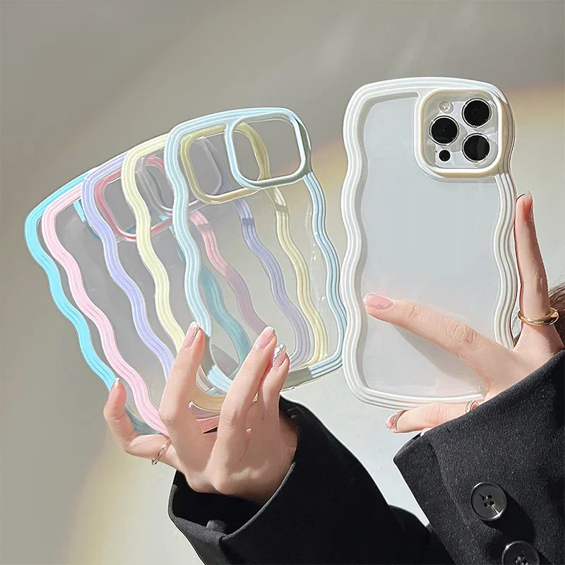 Transparent Soft Curly Wavy Lines Cases For iPhone Air 13 14 11 12 15 16 17 Pro Max Plus X XR Shockproof Airbag Bumper Cover