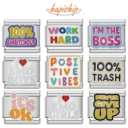 Hapiship 2024 New Women’s Fashion Colorful Work Hard Italian Charms Links Fit 9mm Bracelet Stainless Steel DIY Jewelry DJ1347-B