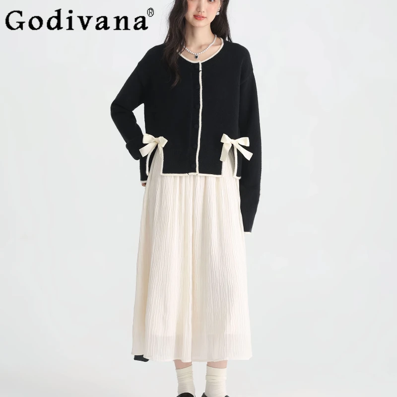 

Temperament Black Sweet Bow Long Sleeve Cute Crew Neck Sweater Women's New Coat Autumn Winter Versatile Simple Knitted Cardigan