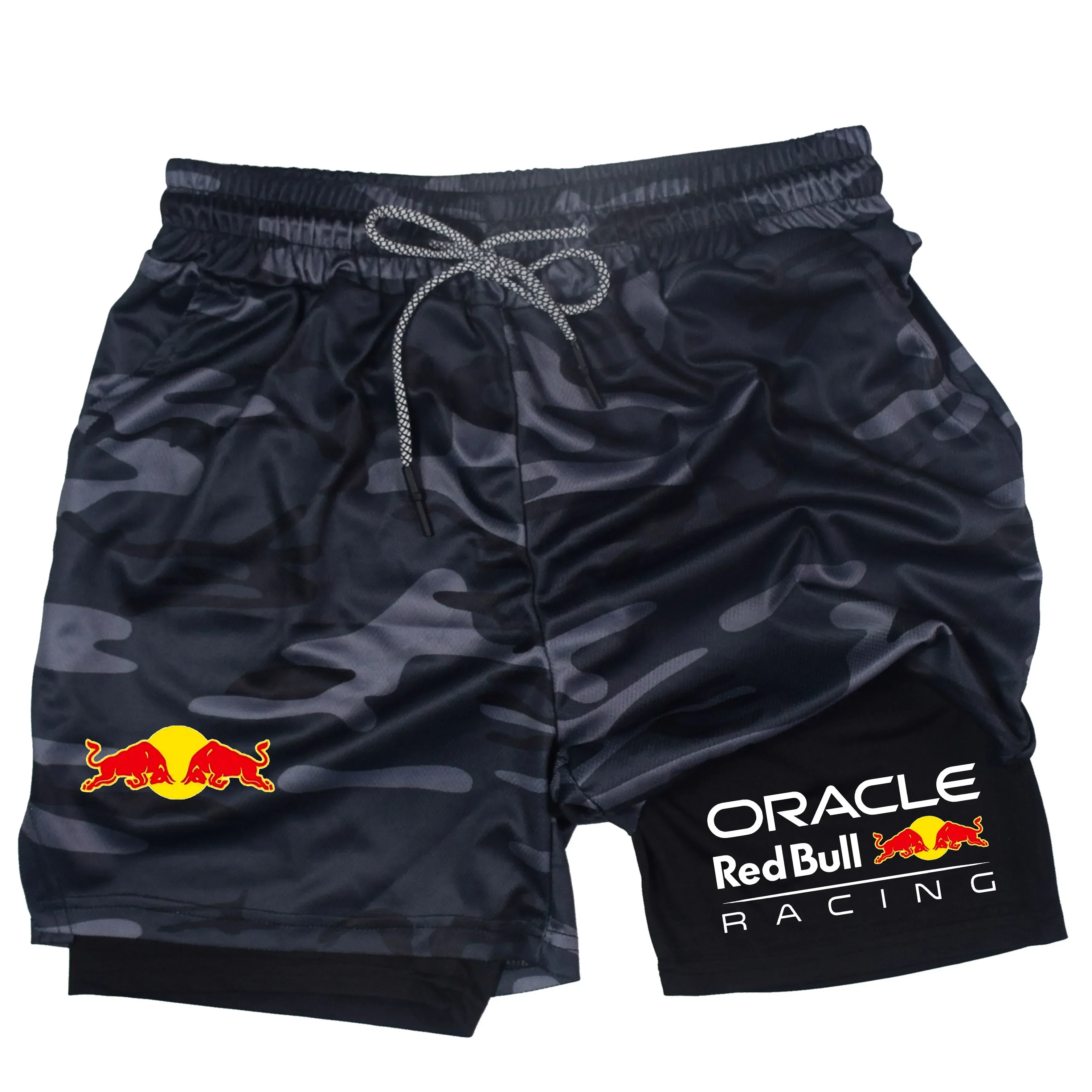 Шорты Red Bull 2025 года и мужские узкие шорты для бега «два в одном» с чехлом для телефона для летних спортивных брюк