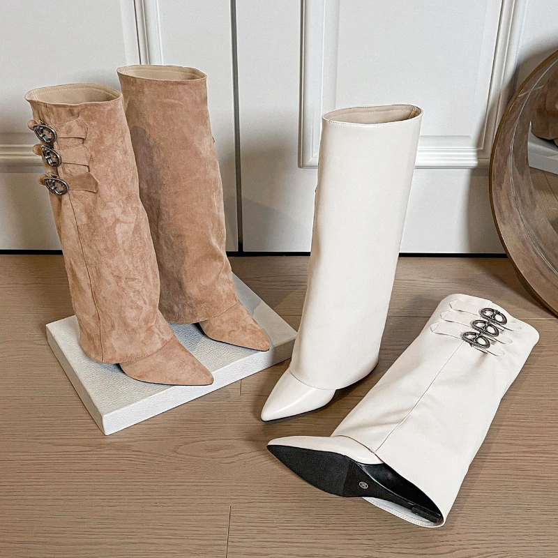 الجلد المدبوغ مصمم الكعوب فارس أحذية النساء أشار تو مشبك معدني النساء أحذية طويلة موضة قبعات رعاة البقر الغربية الشتاء أسافين الأحذية #3