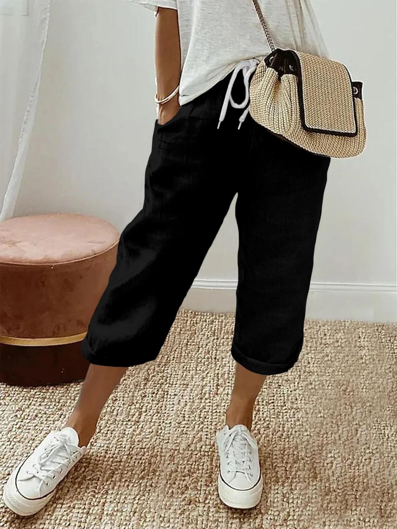 Latest Summer Women Plus Size High Waist Drawstring Capri Pants Loose Casual Lounge Cropped Trousers with Pockets