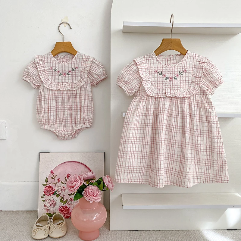 2026 Sommer-Schwesterkleidung 0-24M Baby Mädchen Kurzarm-Body mit Gitter-Stickerei 2-6 Jahre Süße Partykleider für Kinder – Detail 31
