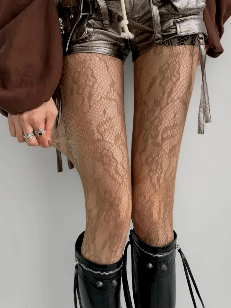 Neue Blumenmuster Kaffee Fishnet Strumpfhosen Frauen Sexy Braun Aushöhlen Mesh Strumpfhosen Lolita Nylon Plus Größe Transparente Strümpfe