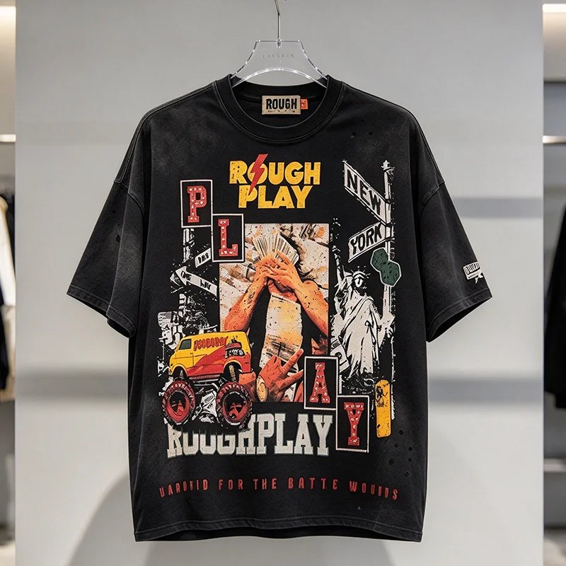 Rough Play Vintage Distressed Graphic Tee Men Oversized Hip‑Hop Short Sleeve Top