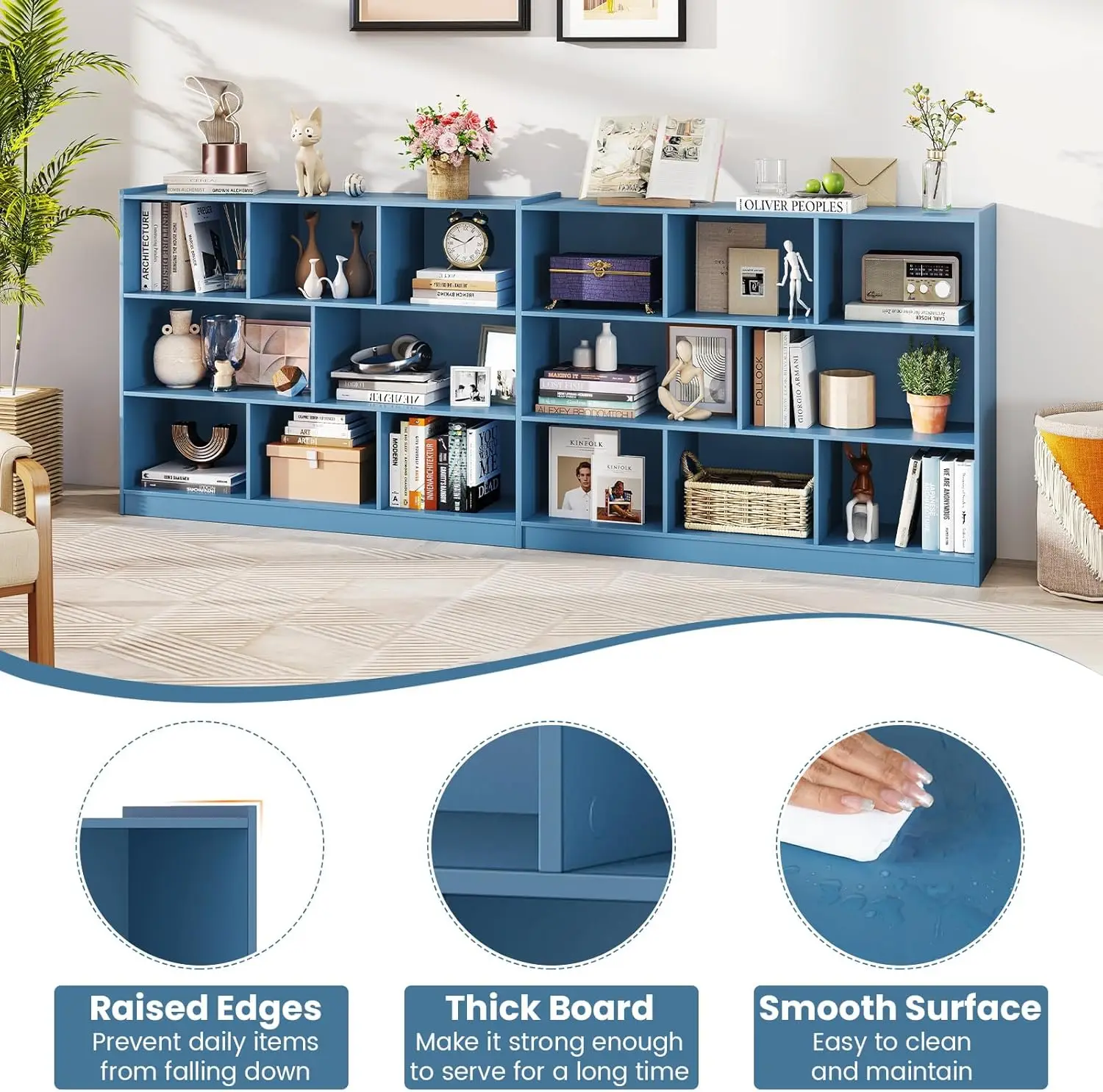 رف كتب خشبي للأطفال مكون من 3 طبقات، منظم تخزين ألعاب 5 مكعبات للحضانة والفصول الدراسية وغرفة المعيشة (أزرق)