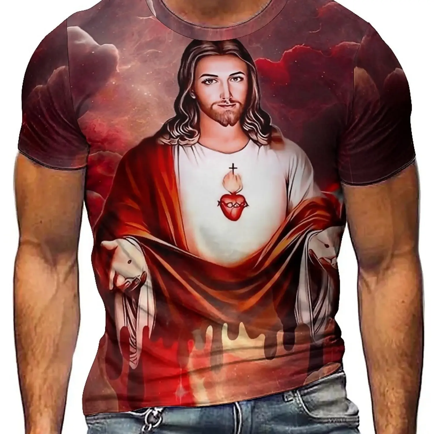 تي شيرت برسومات يسوع ثلاثية الأبعاد للرجال - أحمر وأبيض، كاجوال، بوليستر مريح، ملابس لجميع المواسم، نمط الحفلات والرياضة