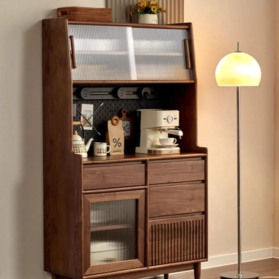 Nordic solid wood dining side cabinet, walnut color, retro integrated wall storage cabinet, Japanese solid wood high cabinet