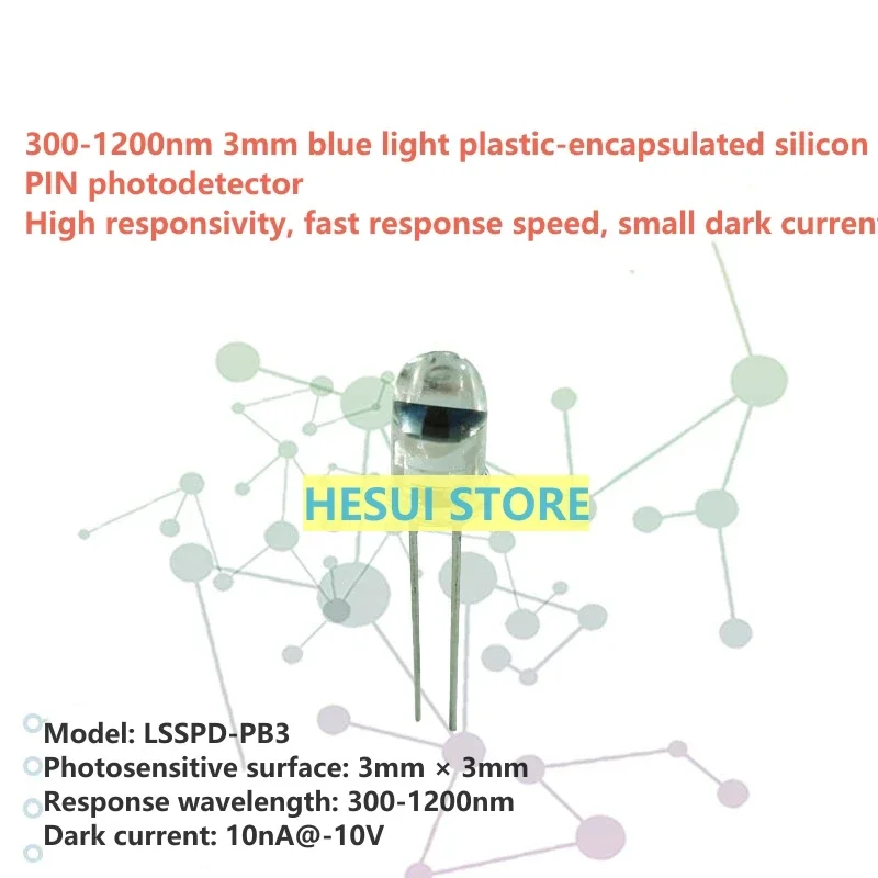 

LSSPD-PB3 300-1200nm 3mm blue light plastic-encapsulated silicon PIN photodetector with high responsivity and low dark current
