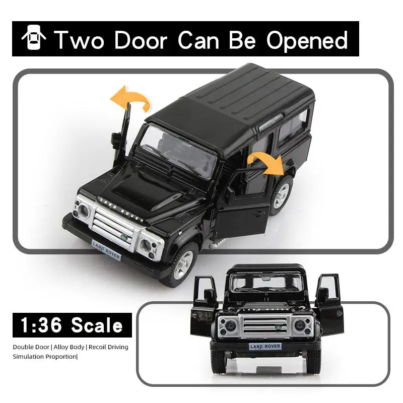 Simulación Diecast y vehículo de juguete Land Rover Defender SUV todoterreno grande RMZ city 1:36 coche en miniatura de aleación extraíble y puertas abiertas