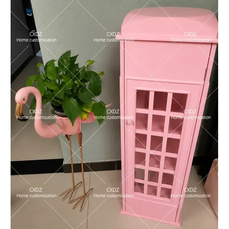 Retro American Style Floor to Ceiling Bookcase with Door Creative British Phone Booth Design Low Cabinet Storage Furniture