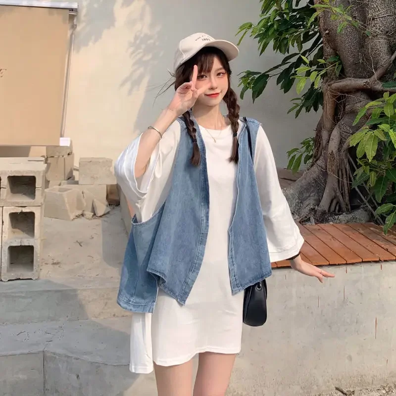 الدنيم سترة تي شيرت مجموعات النساء أزياء الصيف تصميم فضفاض الترفيه بسيط الطلاب كل مباراة اليومية الكورية نمط الصلبة الكلاسيكية الجديدة