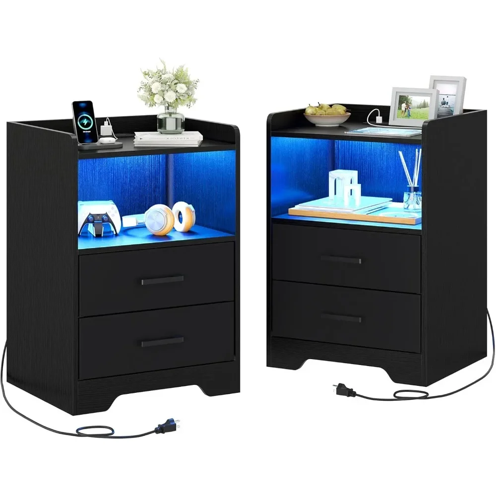 

Nightstands Set of 2 with Charging Station and LED Lights, Modern Bedside Table with 2 Fabric Storage Drawers