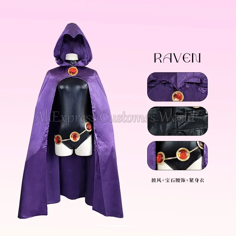 Anime teentitans Raven cosplay costume, deluxe jumpsuit belt with purple cloak Halloween uniform cosplay costume for women kids