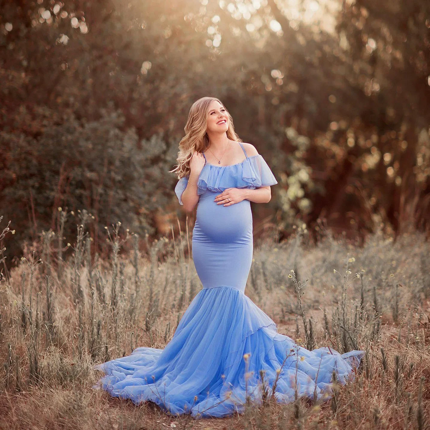 Maternity Off Shoulder Ruffles Elegant Fitted Gown Spaghetti Strap Mermaid Maxi Photography Dress for Photoshoot Baby Shower